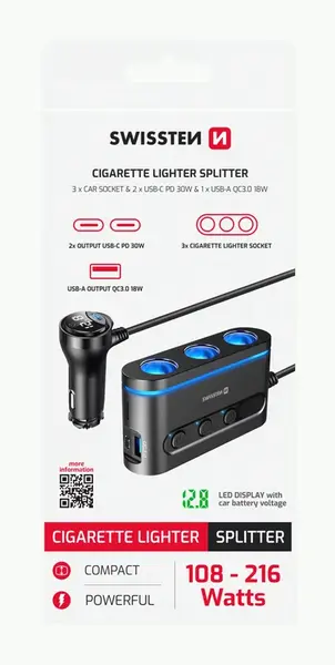 AUTOADAPTÉR SWISSTEN S VÝSTUPEM 3x CL, 2x UCB-C PD a 1x USB-A QA 3.0, 108W - 216W, ČERNÁ