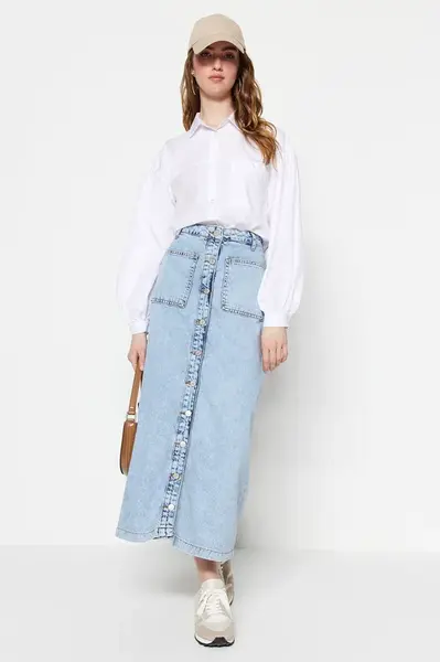 Trendyol Light Blue Double Pocket Buttoned Front High Waist Maxi Denim Jeans Skirt