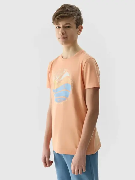 Boys' T-shirt in a regular fit with a 4F print - coral