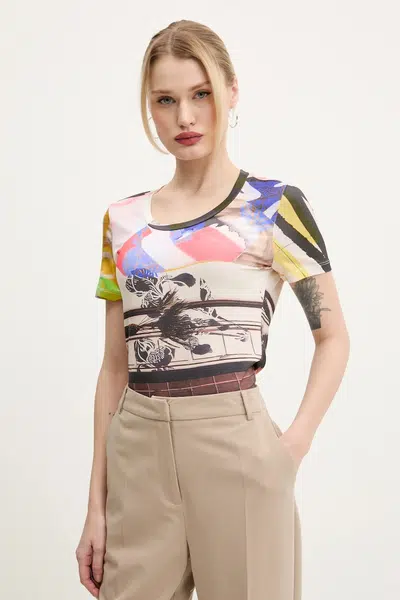 Tričko Desigual COLLAGE béžová barva, 25SWTK14