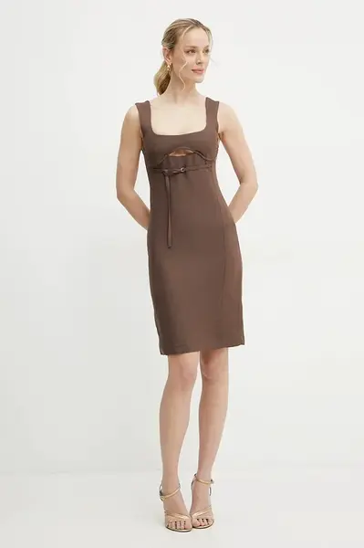 Šaty s příměsí lnu Patrizia Pepe hnědá barva, mini, 2A2874 A052