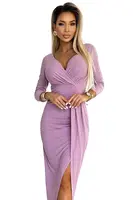 404-10 Shiny dress with a neckline and a slit on the leg - dirty pink with glitter