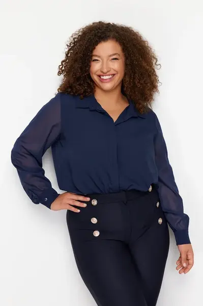 Trendyol Curve Navy Blue Long Sleeve Buttoned Chiffon Woven Plus Size Shirt