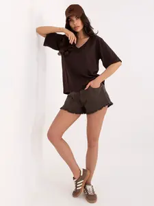 Tmavě hnědé dámské oversized tričko s výstřihem do V