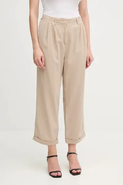 Kalhoty Tommy Hilfiger dámské, béžová barva, široké, high waist, WW0WW45589