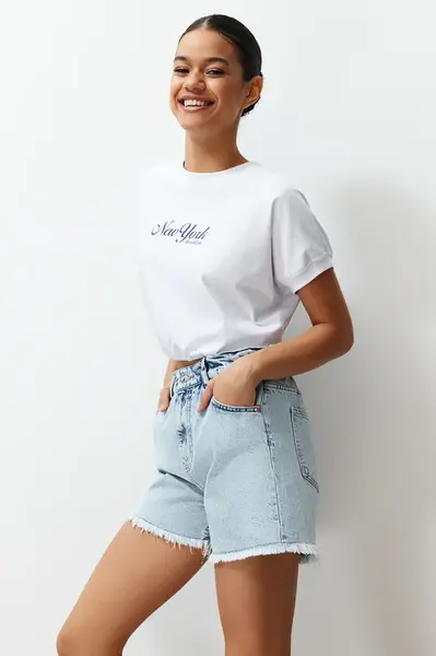 Trendyol světle modré džínové šortky a bermudy s elastickým pasem