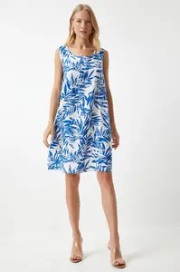 Happiness İstanbul Women's Dark Blue White Patterned Linen Viscose Mini Dress