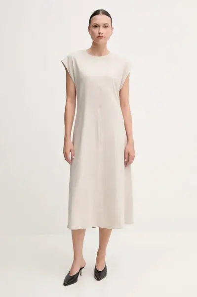 Lněné šaty Calvin Klein béžová barva, midi, LV044B041G