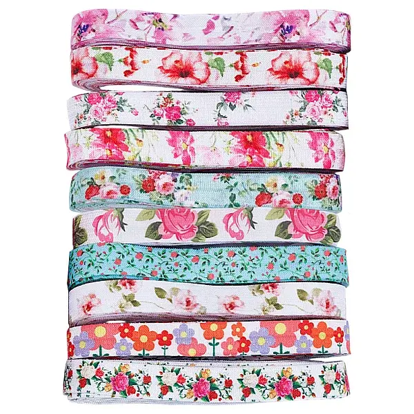 40 Yards 10 Styles Flat Flower Printed Polyester Elastic Cord
