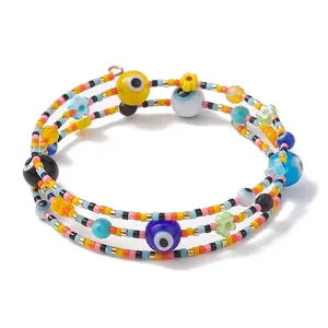 Evil Eye Lampwork & Glass Seed Bead Wrap Bracelet with Steel Wire