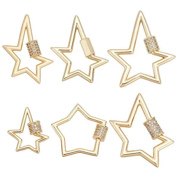 6Pcs 6 Styles Brass Micro Pave Clear Cubic Zirconia Screw Carabiner Lock Charms