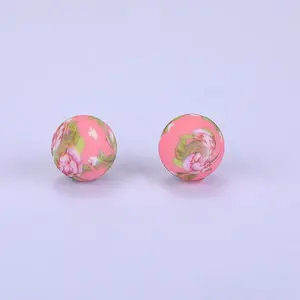 Printed Round with Flower Pattern Silicone Focal Beads