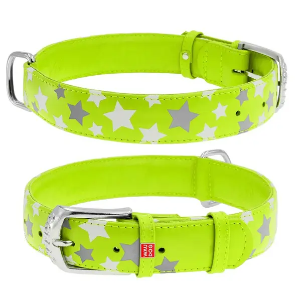 Plochý kožený obojok s hviezdičkami zelený svietiaci, Obvod krku: 19-25cm, šírka: 9mm