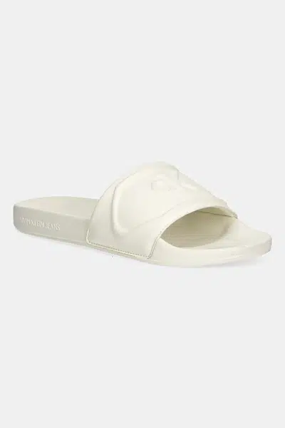 Pantofle Calvin Klein Jeans SLIDE PU HF MG dámské, béžová barva, YW0YW01879