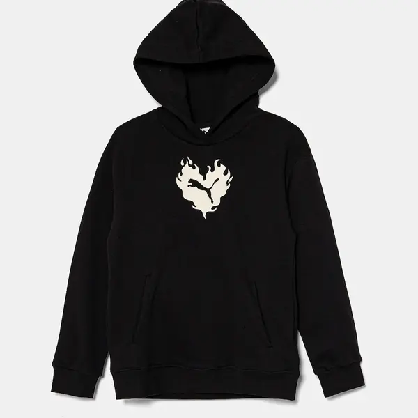 Bavlněná mikina Puma FLAMING LOVE Hoodie TR černá barva, s kapucí, s potiskem, 685109