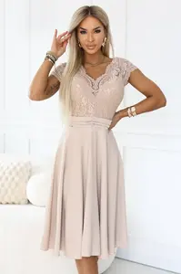 Běžové šifonové šaty s krajkovým dekoltem LINDA