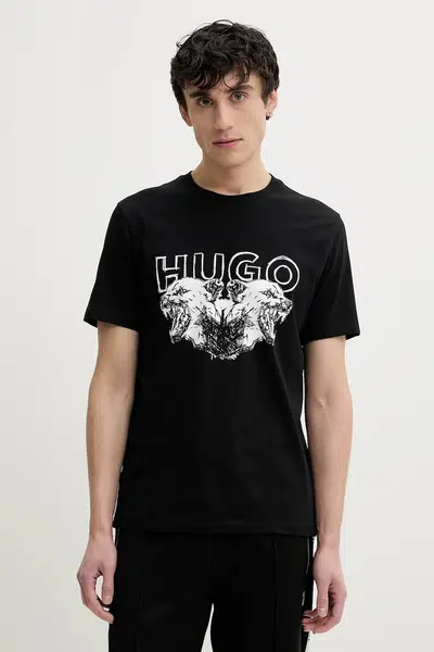 Bavlněné tričko HUGO černá barva, s potiskem, 50538257