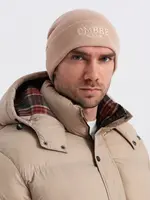 Ombre Men's knitted beanie cap with embroidered inscription - sand