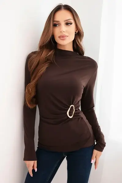 Kesi Włoski Dámská blůza z viskózy s nařasením a ozdobnou sponou hnědá