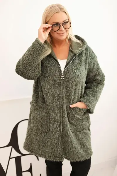 Kesi Włoski Dámský kabát Plus Size z viskózy na zip s kapucí khaki