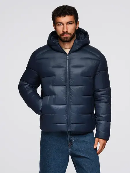 Ombre Men's quilted puffer jacket with hood - navy blue