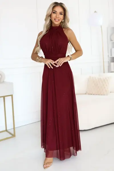 636-1 VERONICA luxurious long dress with a brocade accent and a chic shape - burgundy