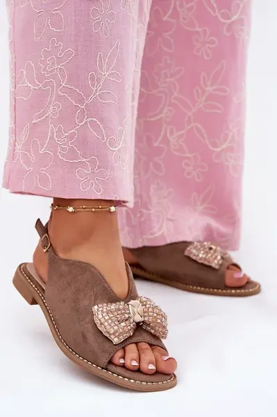 S. BARSKI Dámské Sandály S Mašlí Na Plochém Podpatku Béžové S.Barski