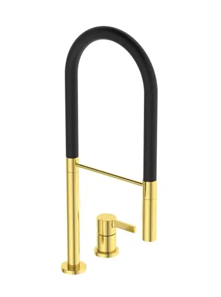 Ideal Standard Gusto - Dřezová baterie s flexibilním ramenem a sprškou, 2-otvorová instalace, kartáčované zlato/černá BD425A2