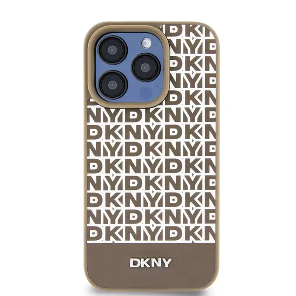 Zadní kryt DKNY PU Leather Repeat Pattern Bottom Stripe MagSafe pro Apple iPhone 14 Pro, hnědá