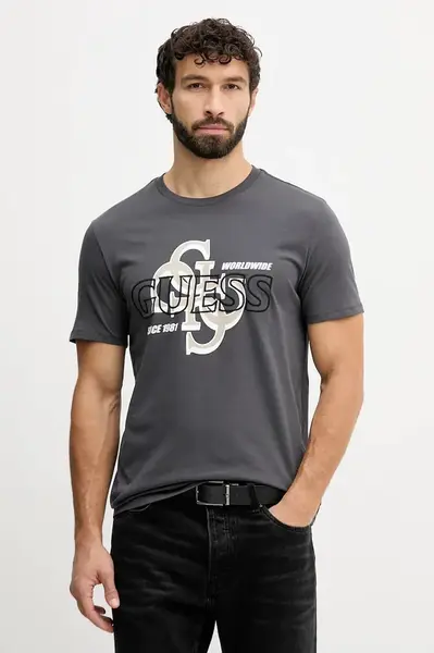 Bavlněné tričko Guess pánské, šedá barva, s potiskem, M5BI72 I3Z14