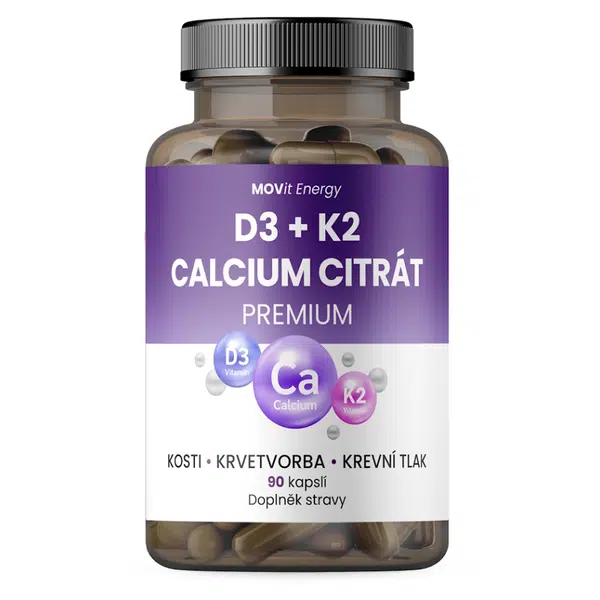 MOVIT Vitamín D3 1000 IU + K2 75 mcg + Calcium Citrát 90 kapslí