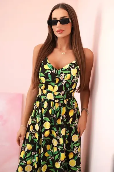 Kesi Włoski Dámské maxi šaty na ramínkách s potiskem - černé