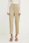 Bavlněné kalhoty BOSS dámské, béžová barva, high waist, 50547650