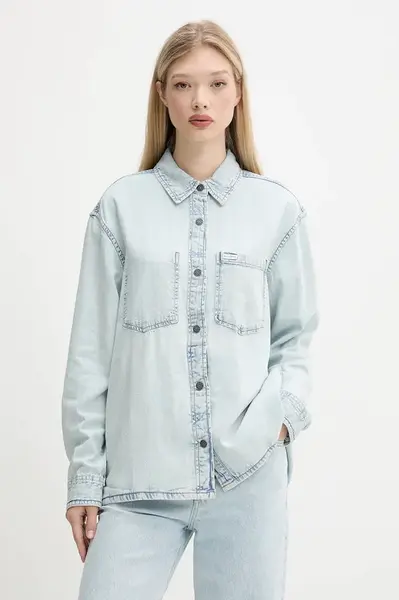Džínová košile Guess Jeans dámská, modrá barva, relaxed, s klasickým límcem, W5GH0H D5M83
