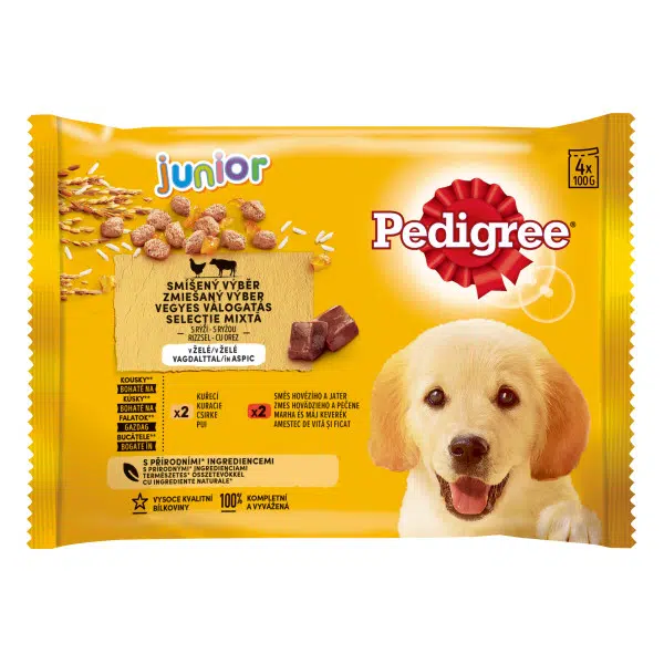 Pedigree Vital Protection Junior v hliníkovej kapsičke s kuracím mäsom a ryžou, s hovädzim mäsom a ryžou v aspiku 4 x 100 g