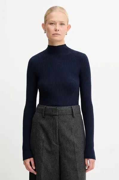 Vlněný svetr Twinset dámský, tmavomodrá barva, s pologolfem, 252TT3111