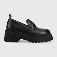 Kožené mokasíny Tommy Jeans TJW AVA LOAFER dámske, čierna farba, na platforme, EN0EN02218