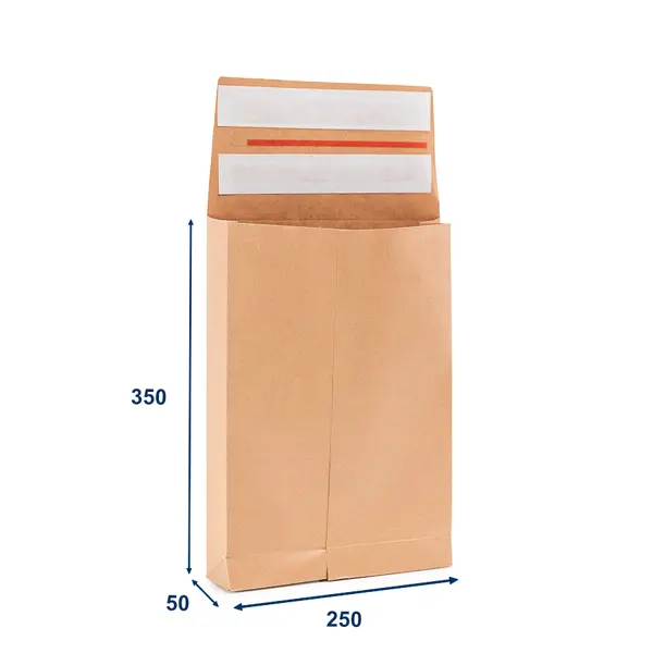 250 ks - Obálka papierová s krížovým dnom a bočnými skladmi (kraft) 250x350, 2x lepiaca páska