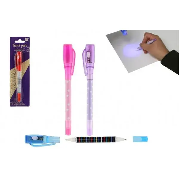 Tajné pero s neviditelným inkoustem a ÚV světlem + pera plast 15cm na baterie 4 barvy