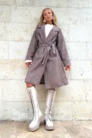 Trend Alaçatı Stili Dámské Hnědé Dvouřadé Pas Pás Rybí Kost Vzorované Razítko Coat