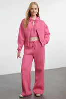 Trendyol Pink 3-Piece Fleece Hooded Relaxed Knitted Tracksuit Set