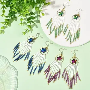 Star Glass Seed Beaded Dangle Tassel Earrings