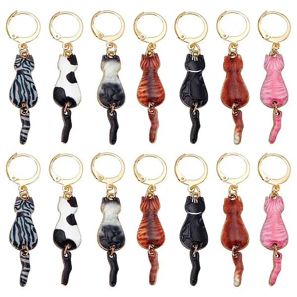 14Pcs 7 Colors Cat Alloy Enamel Pendant Locking Stitch Markers