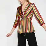 Dámská oranžová halenka Koton s výstřihem do V a 3/4 rukávy s pruhy