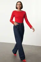 Trendyol Red Cotton Boat Neck Fitted Stretchy Blouse