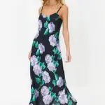 Trendyol Black Floral Print Straight Cut Strap Midi Satin Woven Dress