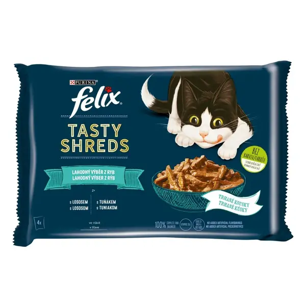 Felix Tasty Shreds kapsičky pre mačky losos, tuniak v šťave 4×80 g