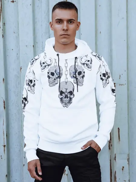 Pánska biela mikina s kapucňou a lebkami
