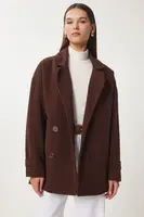 Happiness İstanbul Women's Brown Double Breasted Lapel Stamp Coat