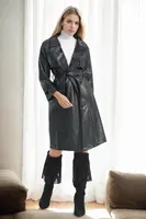 22614 Dewberry Long PU Women TrenchCoat-BLACK